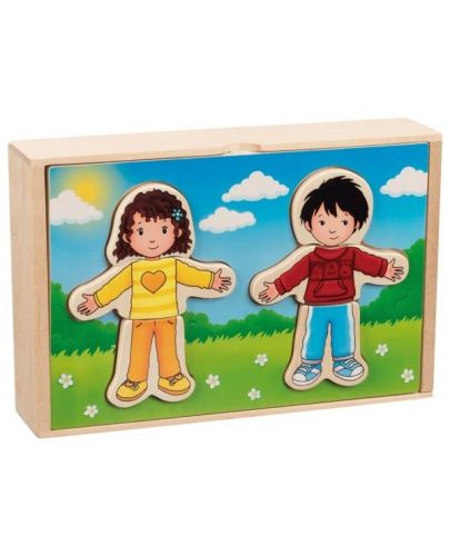 Дървен комплект Goki - Момче и момиче за обличане, в дървена кутия - 1
