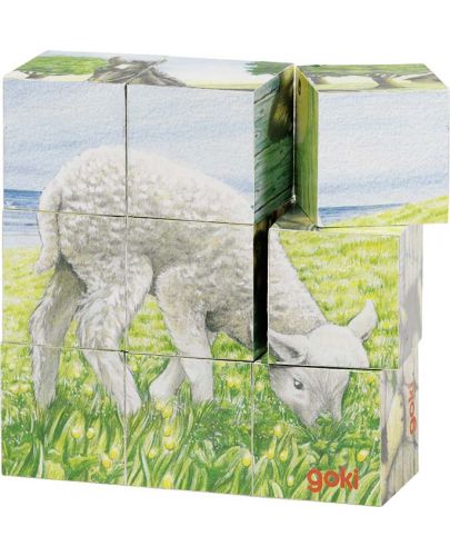Дървени кубчета Goki - Животни от фермата, девет части - 1