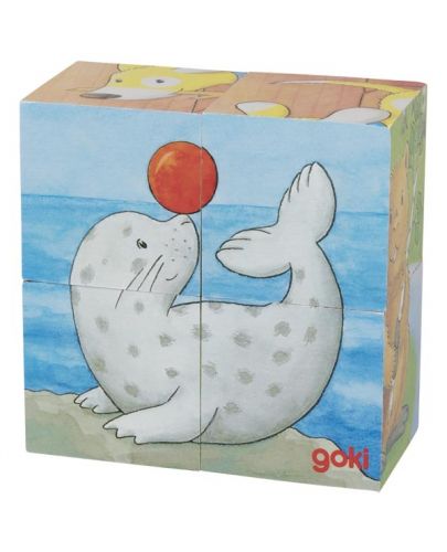 Дървени кубчета Goki - Бебета животни, четири части - 2