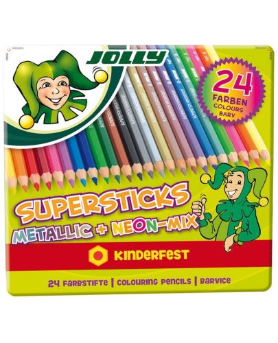 Комплект цветни моливи Jolly Kinderfest Mix - 24 цвята, метална кутия - 2