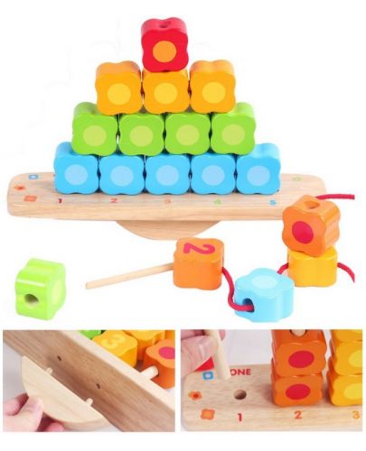 Дървена играчка 3 в 1 Pino - За низане, сортиране и баланс - 8