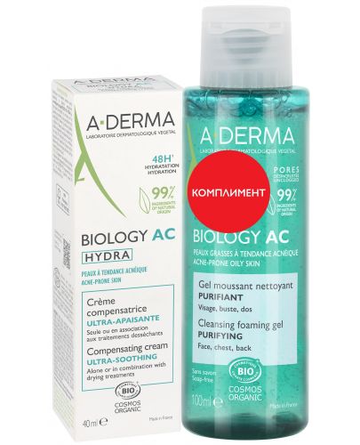A-Derma Biology AC Комплект - Хидратиращ крем и Пенещ се гел, 40 + 100 ml (Лимитирано) - 1