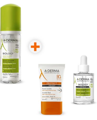 A-Derma Biology & Protect Комплект - Почистваща пяна, Серум и Слънцезащитен флуид, SPF 50, 150 + 2 x 30 ml (Лимитирано) - 1