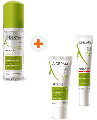 A-Derma Biology Комплект - Почистваща пяна, Лек крем и Грижа срещу зачервявания, 150 + 2 x 40 ml (Лимитирано) - 1