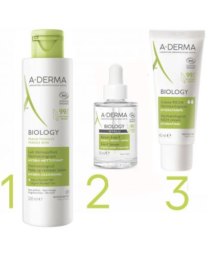 A-Derma Biology Комплект - Демакииращо мляко, Серум и Богат крем, 200 + 30 + 40 ml (Лимитирано) - 2