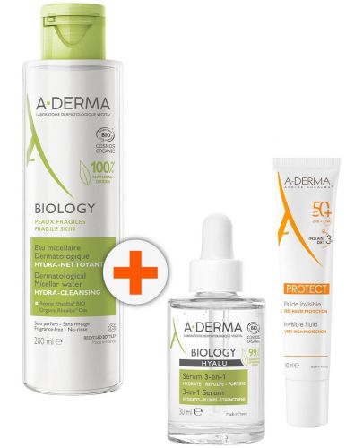 A-Derma Biology & Protect Комплект - Мицеларна вода, Серум и Флуид, SPF50+, 200 + 30 + 40 ml - 1