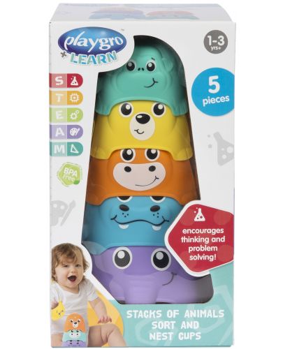 Активна играчка Playgro + Learn - Кула от купички, животни - 2