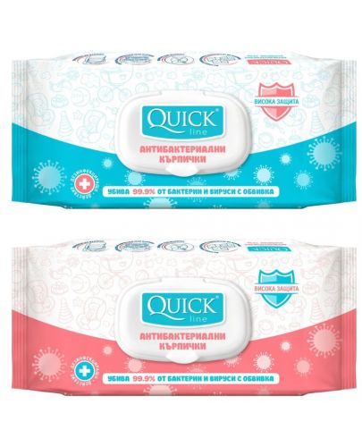 Антибактериални мокри кърпички Quickline - 72 броя, с капак, асортимент - 1