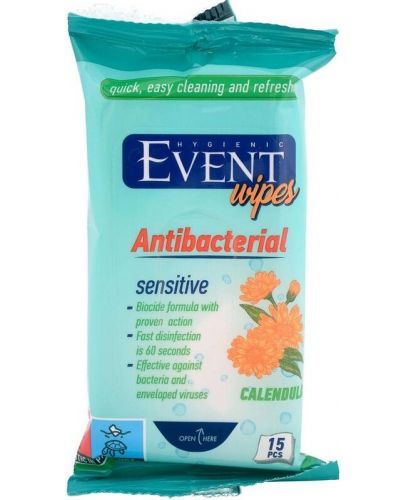 Антибактериални мокри кърпи Event - С невен, 15 броя - 1