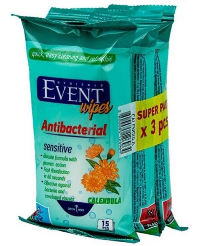Антибактериални мокри кърпички Event - Невен, 3 x 15 броя - 1