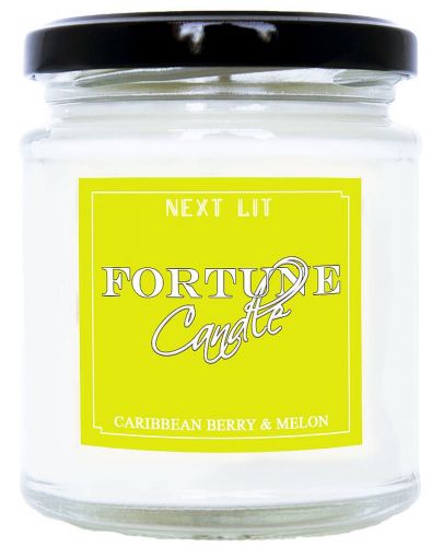 Ароматна свещ с късметче Next Lit Fortune Candle - Карибски горски плодове и пъпеш, на български - 1
