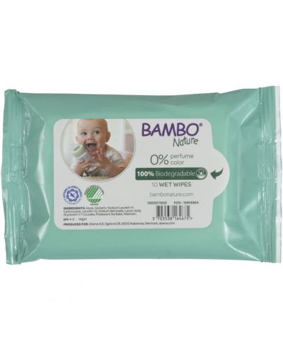 Bambo Nature Биоразградими мокри кърпички без аромат Bambo Nature, 10 броя/оп. - 1