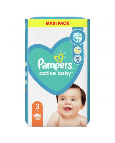 Бебешки пелени Pampers - Active Baby 3, 66 броя  - 1