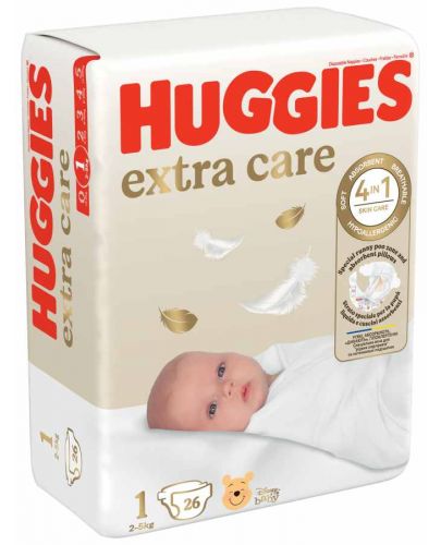 Бебешки пелени Huggies Extra Care - Размер 1, 2-5 kg, 26 броя - 1