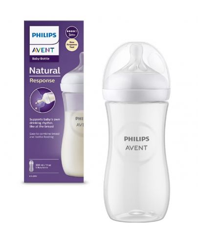 Бебешко шише Philips Avent - Natural Response 3.0, с биберон 3m+, 330 ml - 1