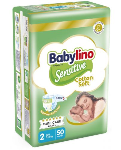 Бебешки пелени Babylino - Sensitive, Cotton Soft, VP, размер 2, 3-6 kg, 50 броя  - 1