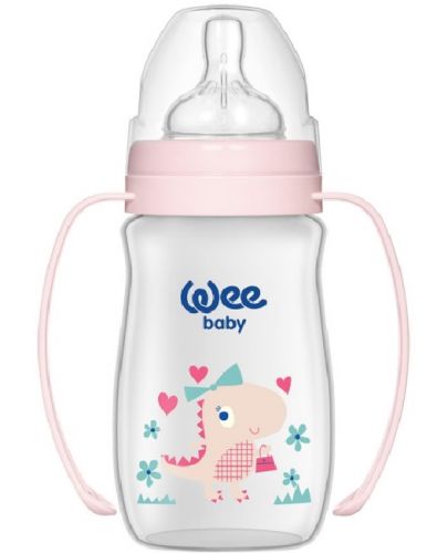 Бебешко шише с широко гърло и дръжки Wee Baby Classic Plus, PP, 250 ml., розово с динозавър - 1