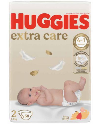 Бебешки пелени Huggies Extra Care - Размер 2, 3-6 kg, 58 броя - 1