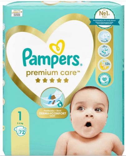 Бебешки пелени Pampers Premium Care - VP, Размер 1, 2-5 kg, 72 броя - 1