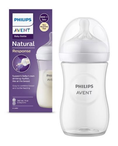 Бебешко шише Philips Avent - Natural Response 3.0, с биберон 1 m+, 260 ml, бяло - 1