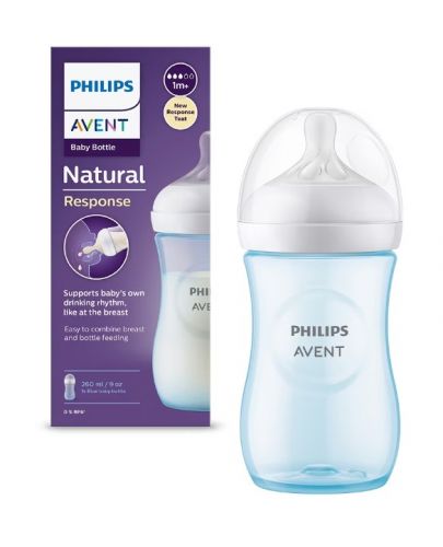 Бебешко шише Philips Avent - Natural Response 3.0, с биберон 1m+, 260 ml, синьо - 1