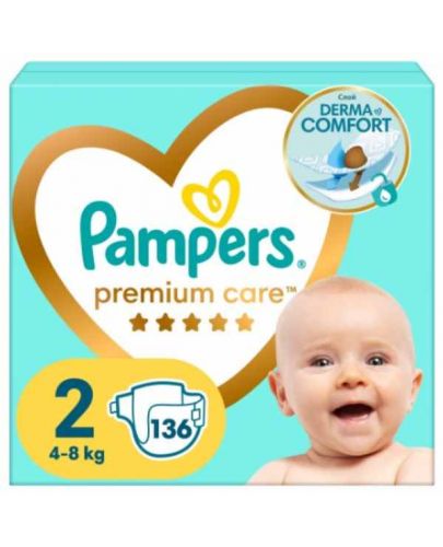 Бебешки пелени Pampers Premium Care - Mini, Размер 2, 4-8 kg, 136 броя - 1