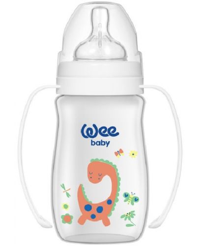 Бебешко шише с дръжки Wee Baby Classic Plus, 250 ml, бяло с динозавър - 1