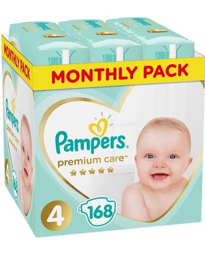 Бебешки пелени Pampers Premium Care - Размер 4, 9-14 kg, 168 броя - 1