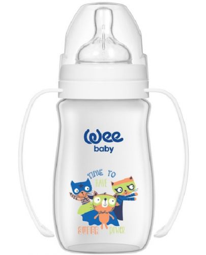 Бебешко шише с дръжки Wee Baby Classic Plus, 250 ml, бяло с котета - 1