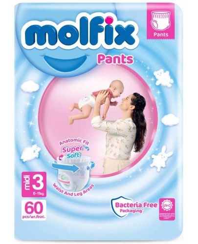 Бебешки пелени гащи Molfix - Midi 3, 60 броя - 1