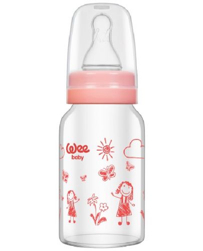 Бебешко шише от топлоустойчиво стъкло Wee Baby Classic, 120 ml, розово - 1