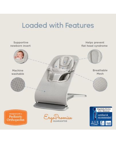 Бебешки шезлонг 3 в 1 Ergobaby - Evolve, Light Grey - 9