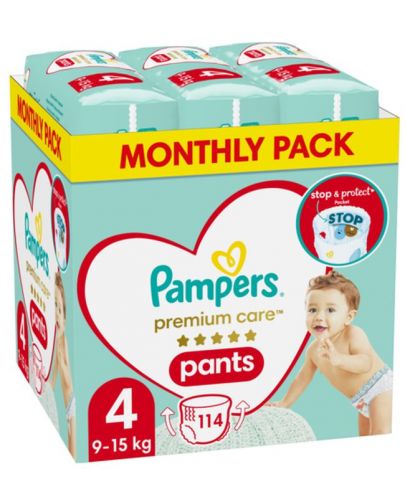 Бебешки пелени-гащи Pampers Premium Care - Monthly pack, size 4, 114 броя - 1