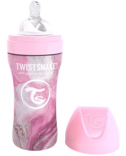 Бебешко шише Twistshake - Мраморно розово, неръждаема стомана, 330 ml - 1