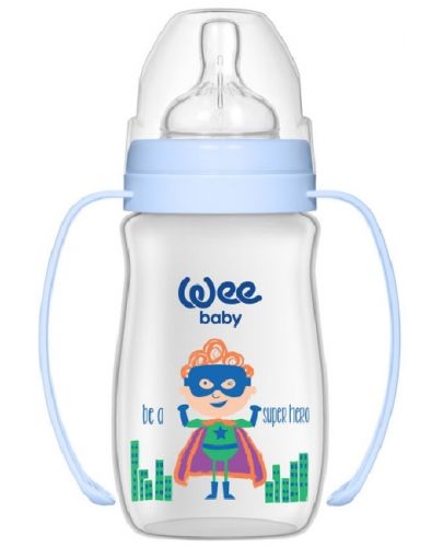 Бебешко шише с дръжки Wee Baby Classic Plus, 250 ml, синьо с момче - 1