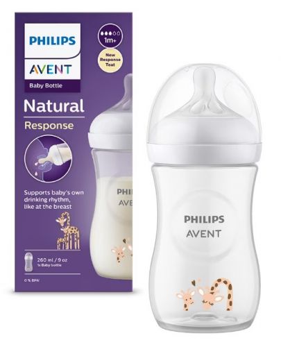 Бебешко шише Philips Avent - Natural Response 3.0, с биберон 1m+, 260 ml, Жираф - 1