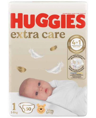 Бебешки пелени Huggies Extra Care - Размер 1, 2-5 kg, 50 броя - 1