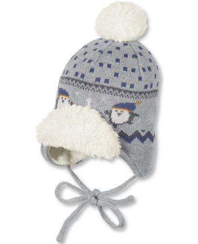 Бебешка зимна шапка Sterntaler - На пингвинчета, 47 cm, 9-12 месеца, сива - 1