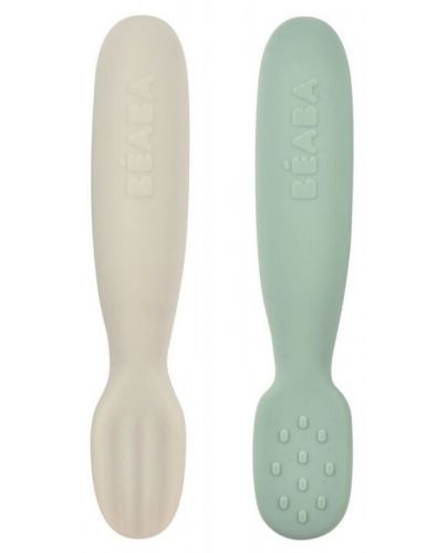 Бебешки силиконови лъжици Beaba - 2 броя, Sage green/Velvet grey - 2