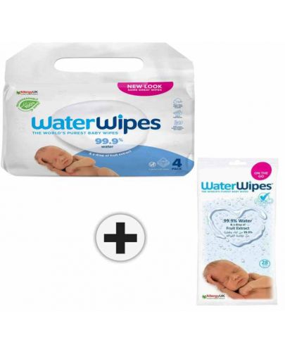 Бебешки кърпички Water Wipes Baby - Куатро, 4 х 60 броя + мокри кърпички, 28 броя - 1