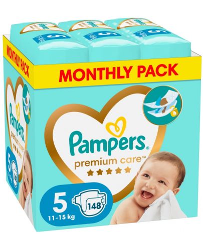Бебешки пелени Pampers Premium Care - Monthly Pack, размер 5, 148 броя - 1