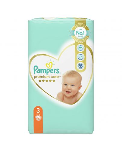 Бебешки пелени Pampers - Premium Care 3, 60 броя  - 2