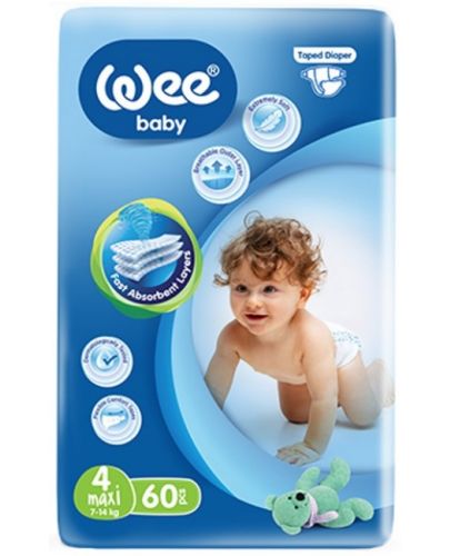 Бебешки пелени Wee Baby - Maxi, размер 4, 7-14 kg, 60 броя  - 1