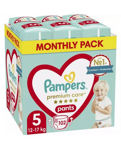 Бебешки пелени-гащи Pampers Premium Care - Monthly pack, size 5, 102 броя - 1
