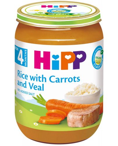 Био ястие Hipp - Ориз, моркови и телешко, 190 g - 1