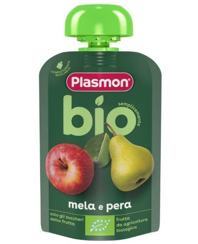 Био плодова закуска Plasmon - Пауч с ябълка и круша, 6 м+, 100 g  - 1