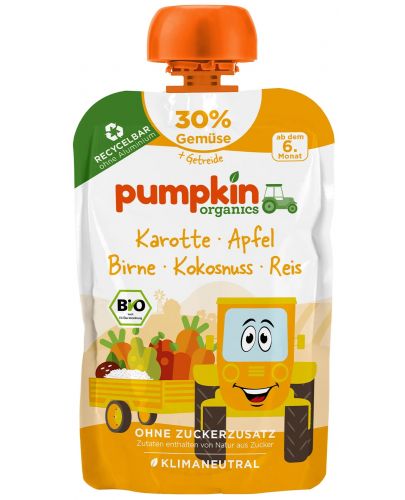 Био пюре Pumpkin Organics - Пауч с морков, ябълка, круша, кокос и ориз, 100 g - 1