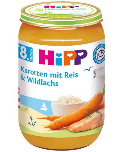 Био ястие Hipp - Моркови, ориз и дива сьомга, 220 g - 1