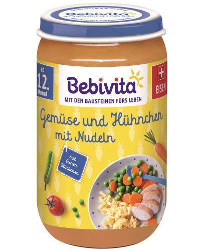 Био ястие Bebivita - Зеленчуци, спагети и пилешко, 250 g - 1