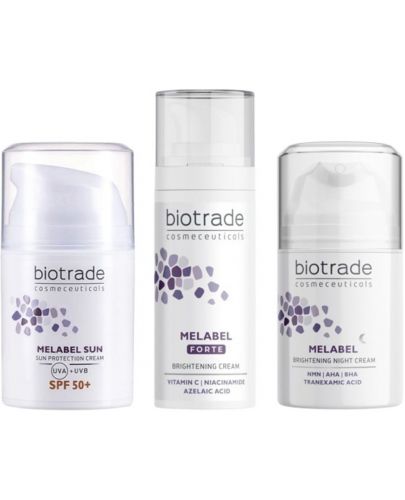 Biotrade Melabel Комплект - Избелващ крем Forte, Нощен и Слънцезащитен крем за лице, SPF 50+, 2 x 50 + 30 ml - 1